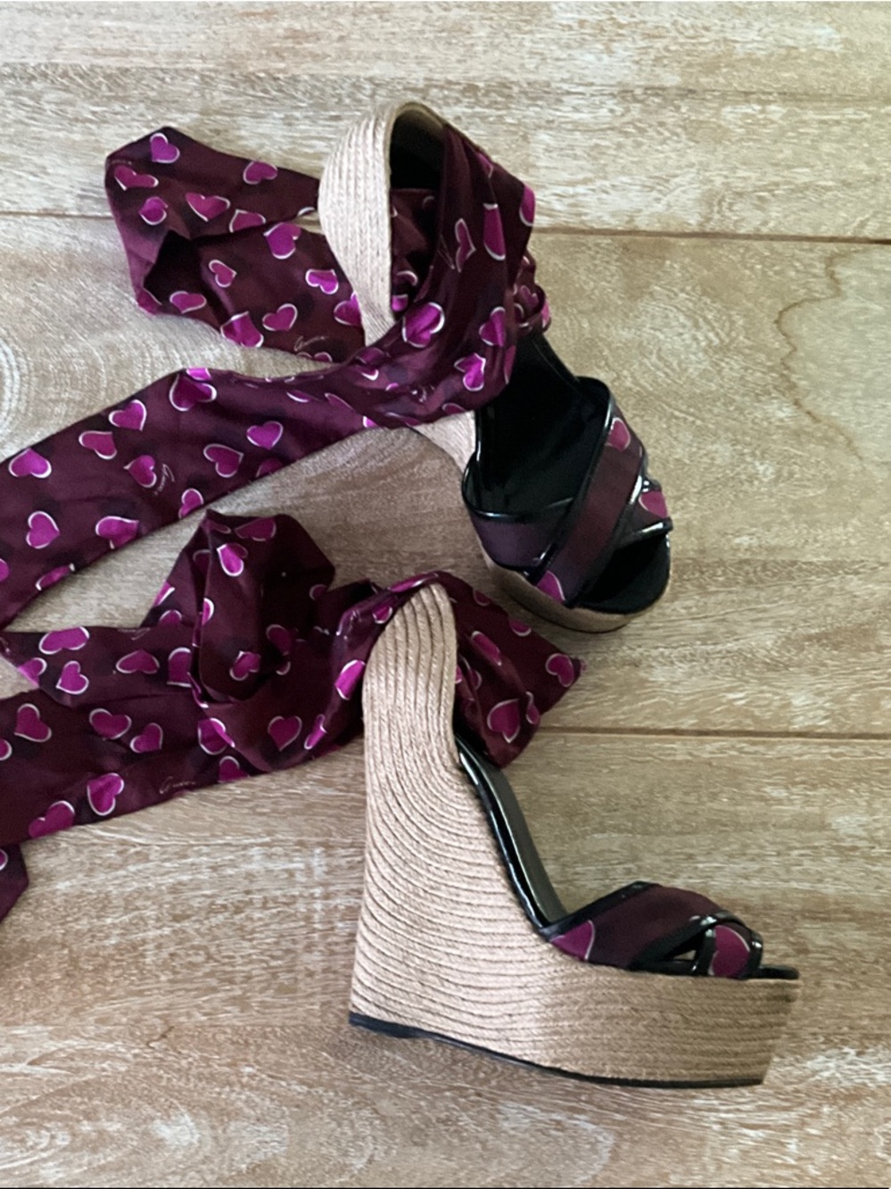 Gucci Burgundy and Pink Heart Wedge Sandals - Picture 5 of 9